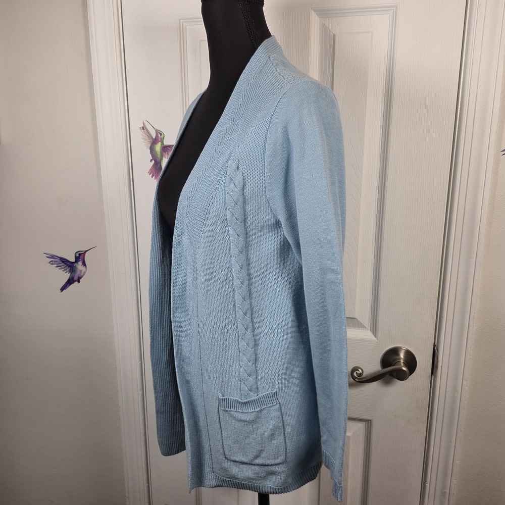Talbots Petite Blue 100% Cotton Cable Knit Open Front Cardigan Sweater Pockets - Picture 4 of 7